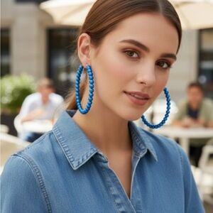 Elegant Blue Beaded large Hoop Earrings
